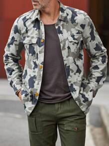 Manfinity Homme Men Camo Print Flap Pocket Denim Shirt - Army Green - View 6