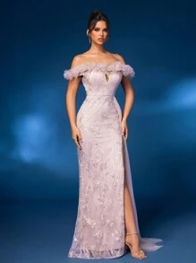 Glamrae Elegant And Gorgeous Off-Shoulder 3D Floral Collar With Decorated Sleeves And Hem, Draped Side Panels, High Side Slit, And Fish-Tail Evening Dress - Dusty Pink - View 7