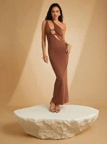Hauture Sleek One-Shoulder Bodycon Dress With Cutout Design And Ring Details - Mocha Brown - View 4