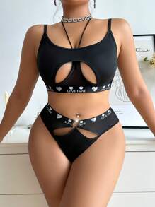 Set de 2 piezas de lencería sin alambre, talla grande, con banda elástica y estampado de letras, sujetador y pantie sexy
