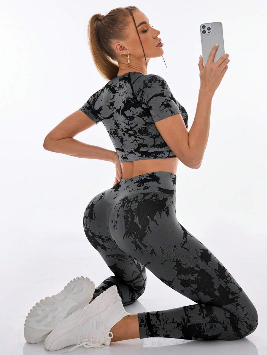 漸變色連衣袖上衣和褲子無縫運動套裝 - 彩色 - 查看 1