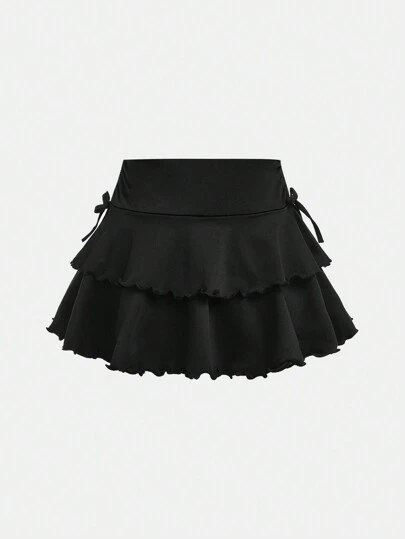 SHEIN Girlism Falda de largo hasta la rodilla para niñas preadolescentes, de color negro liso, con cintura con cordón y borde plisado, de estilo casual de calle