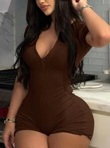 INAWLY 夏季半拉鍊鬆緊針織工衣連體裝