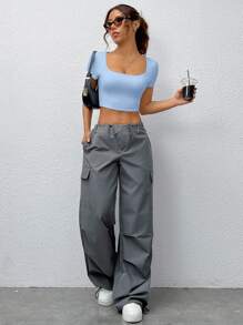 SHEIN EZwear 夏季圆领短款纯色 T 恤，蓝色上衣