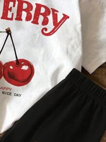 SHEIN Conjunto de 2 piezas de ropa casual de verano para niñas jóvenes con top con gráfico de cereza vintage y pantalones cortos, ropa para niños - Multicolor - Ver 5
