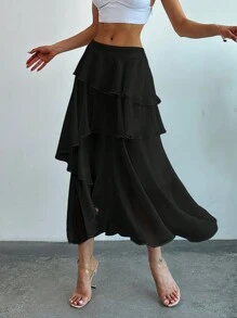 Firerie Women's Solid Color Multi-Layered Ruffle Trim Cake Layered A-Line Skirt, Slim Fit - Black - View 4