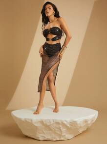 Hauture Black Gold Ornament Texture Fabric Dress With Side Split - Black - View 6