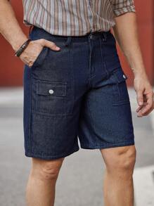 Manfinity Homme Pantalones cortos de mezclilla para hombre con bolsillos con solapa