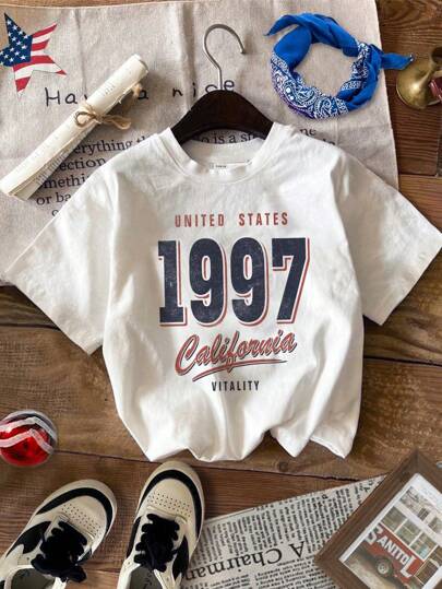 StoneGrade 男士白色针织复古圆领字母图案短袖 T 恤，适合外出