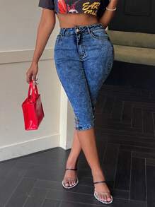 High Waist Button Hem Skinny Jeans