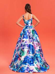 花卉印花开叉大腿正式吊带连衣裙优雅舞会晚会婚礼宾客礼服，适合毕业典礼、晚宴 - 藍色 - 查看 2