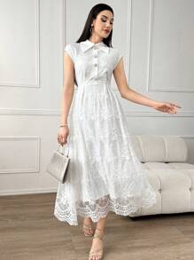 Modelyn Solid Button Front Lace Dress Long Evening Dresses - White - View 6