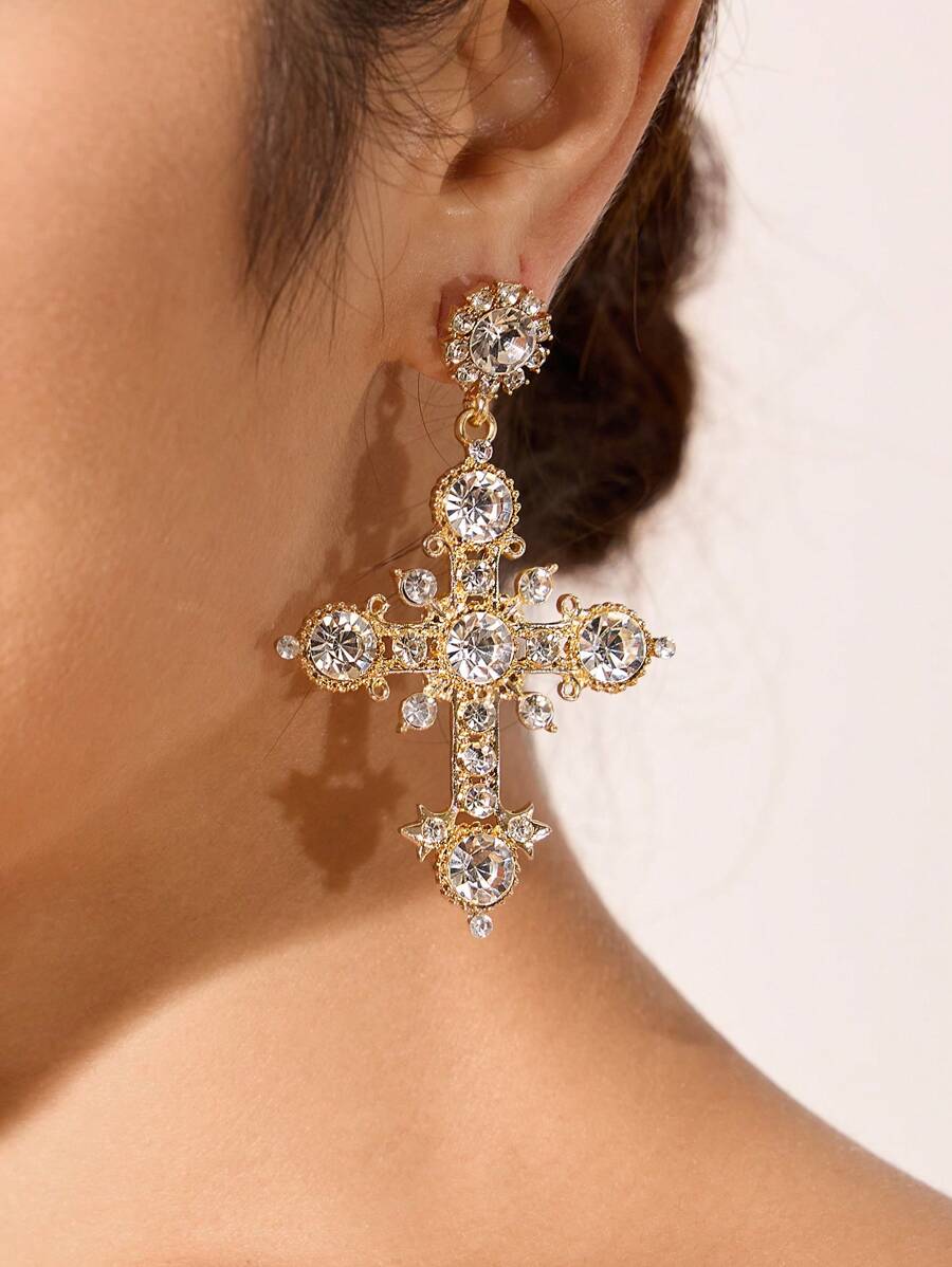 SHEIN SXY Hoa tai hình chữ thập thời trang dành cho nữ được trang trí bằng kim cương - trắng - Xem 1