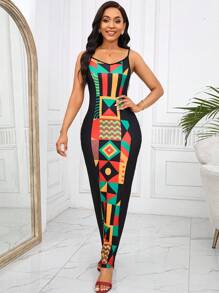 SHEIN Lady Holiday Dresses Women's African  Pattern Printed Black Strap Long Bodycon Dress - Multicolor - View 4