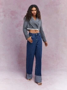 MISSGUIDED Contrast Hem Detail Straight Leg Jeans - Dark Wash - View 3