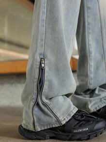 Manfinity Roghcode Vintage Men's Front Blue Distressed Wide Leg Jeans - Teal Blue - View 6