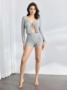 Ocili Áo cà vạt phía trước chắc chắn - Xám - Xem 7