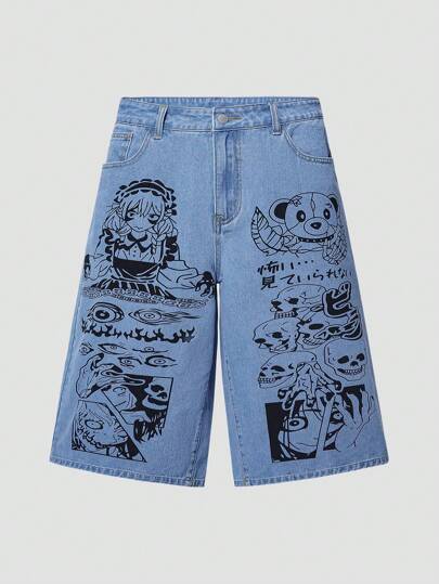 ROMWE Avant Jeans en denim à imprimé de dessin animé casual 3/4 pour hommes