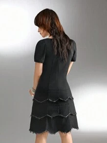 SHEIN Explorewe Teen Girls Y2K Punk Style Black Puff Sleeve Three-Layer Frayed Denim Dress - Black - View 2