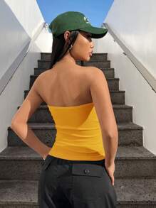 SHEIN EZwear Top amarillo de tubo de punto apretado y plisado - Amarillo - Ver 2