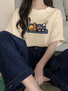 女士休闲卡通印花圆领宽松短袖 T 恤
