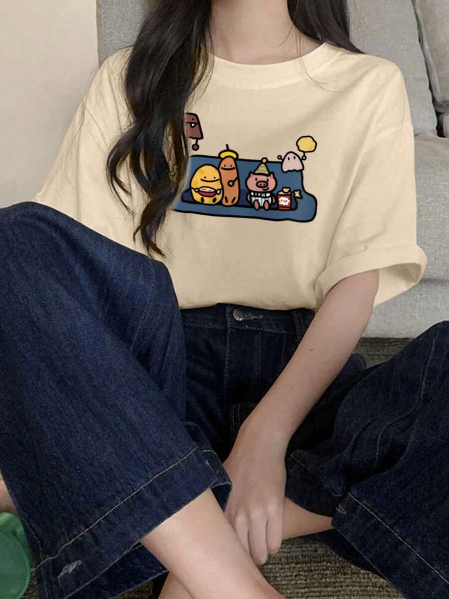 女士休闲卡通印花圆领宽松短袖 T 恤