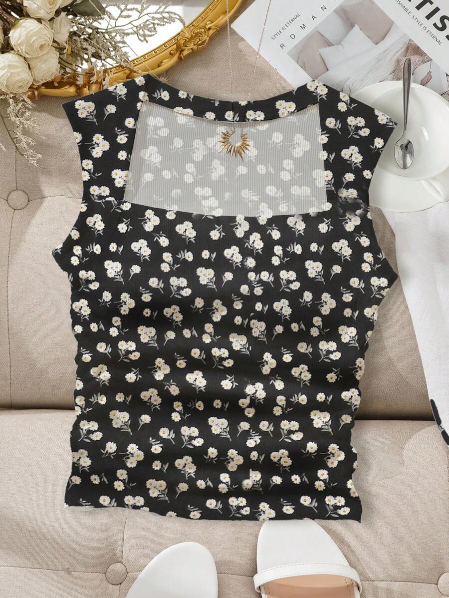 SHEIN EZwear Áo ba lỗ cổ vuông in hoa Ditsy - Nhiều màu - Xem 1