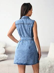 SHEIN EZwear 夏季蓬蓬袖口袋腰帶牛仔裙 - 深色水洗藍 - 查看 2