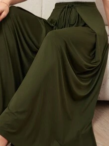 Mulvari 女士休閒色純色腰帶束腰寬腿褲 - 橄欖綠 - 查看 3