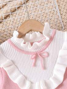 Tween Girl Fashionable, Casual, Fashion, Lovely, Comfortable, Soft, Simple, Elegant, Versatile Pink Knitted Sweater Dress With Ruffled Collar, Bow Knot, And Patchwork, Suitable For Daily Wear, Travel, Outdoor Activities, Parties, And Fall/Winter Seasons - Pink - View 3