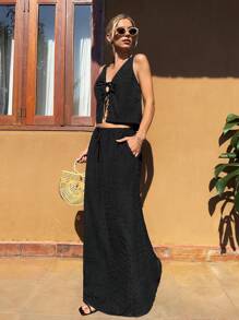 Forever 21 Damski komplet bez rękawów, w jednolitym kolorze, na co dzień, top i spódnica - Czarne - Zobacz 9