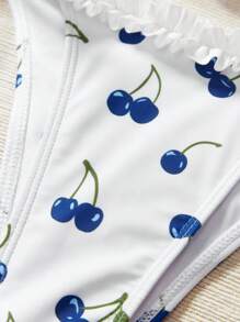 SHEIN Swim Women's Summer Beach Cherry Printed Ruffled Halter Halter Sexy Bikini Set - Blue and White - View 8