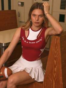 Magic Garden Artist Sport And Streetwear Women's Round Neck Hollow Out Color-Block Crop Top, Slim Fit It's A Bone Party Print Tank Top, Holiday, Vacation, Spring & Summer, Beach, Going Out, Festival, For Workout, Ibiza Fits, Western Wear