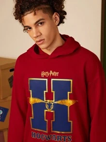 HARRY POTTER X SHEIN Men's Hogwarts Burgundy Print Casual Hooded Sweatshirt - Burgundy - View 5