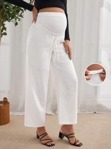 SHEIN 孕婦高腰打結前直筒褲 - 白色 - 查看 1