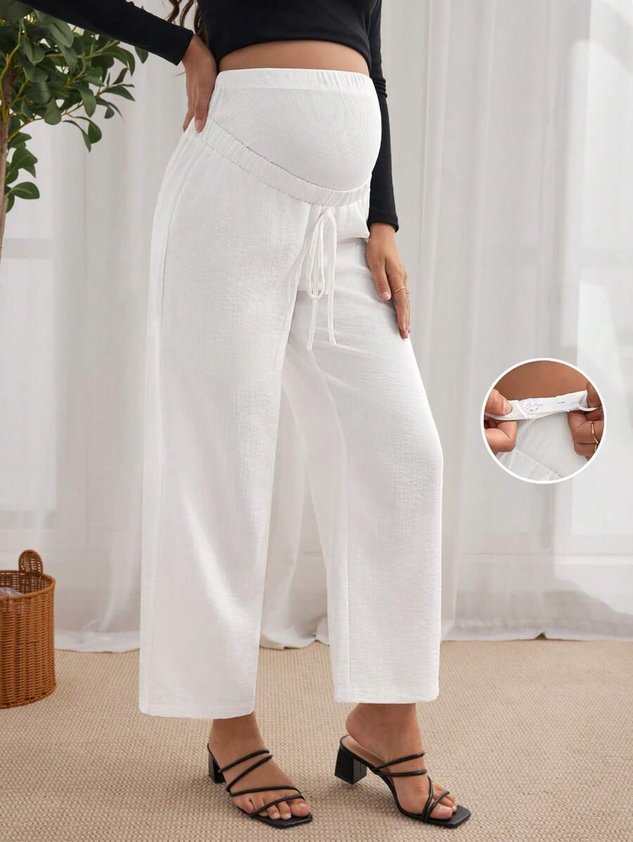 SHEIN 孕婦高腰打結前直筒褲 - 白色 - 查看 1