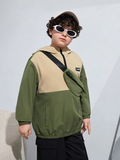 SHEIN Tween Boys Extended Size Color-Block Casual Sports Huvjacka och Baggy Byx Set, Höst/Vinter