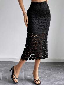 Firerie Women's Black Lace High Waist Mid-Length Halter Skirt,Teacher Clothes,Black Skirt,Fall Clothes,Boho,Suitable For Everyday, Commuting, Parties, Homecoming, Weddings - Black - View 4