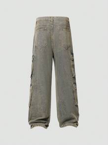 ROMWE MEN Street Life Men Flap Pocket Cargo Jeans, School - Bronze - View 2