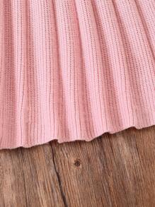 Tween Girl Fashionable, Casual, Fashion, Lovely, Comfortable, Soft, Simple, Elegant, Versatile Pink Knitted Sweater Dress With Ruffled Collar, Bow Knot, And Patchwork, Suitable For Daily Wear, Travel, Outdoor Activities, Parties, And Fall/Winter Seasons - Pink - View 4