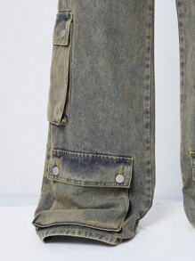 ROMWE MEN Street Life Men Flap Pocket Cargo Jeans, School - Bronze - View 4