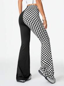 SHEIN EZwear Pantalones anchos de deporte para mujer con estilo callejero fresco, estampado de ajedrez y parches de color
