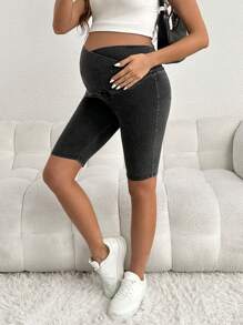 SHEIN Spodenki dżinsowe ciążowe Slim Fit Bermudy Elastyczny krzyż w pasie Czarne