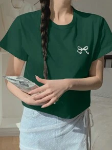 DAZY Áo thun nữ tay ngắn cổ tròn thêu nơ - màu xanh lá - Xem 3