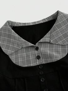 ROMWE Academia 大码学院风二合一黑灰格子拼接短袖女式T恤，学校风 - 黑色 - 查看 3