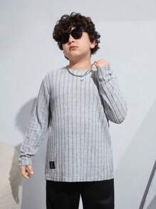 SHEIN Tween男童加大尺寸條紋圓領長袖T恤