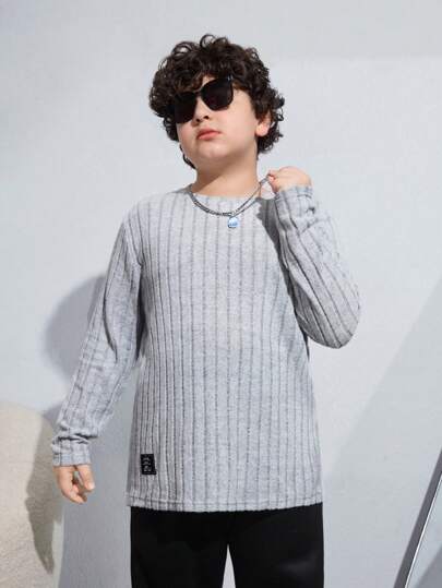 SHEIN Tween Boys' Extended Size Striped Round Neck Long Sleeve T-Shirt