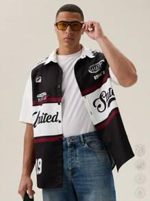 SWAVVY Oversized Men's Letter Graphic Color-Blocked Shirt - Black - View 6