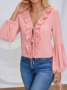 SHEIN LUNE Camisa de manga de farol para mujer con dobladillo de volantes y cinturón de lazo