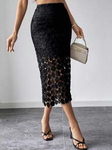 Firerie Women's Black Lace High Waist Mid-Length Halter Skirt,Teacher Clothes,Black Skirt,Fall Clothes,Boho,Suitable For Everyday, Commuting, Parties, Homecoming, Weddings - Black - View 6